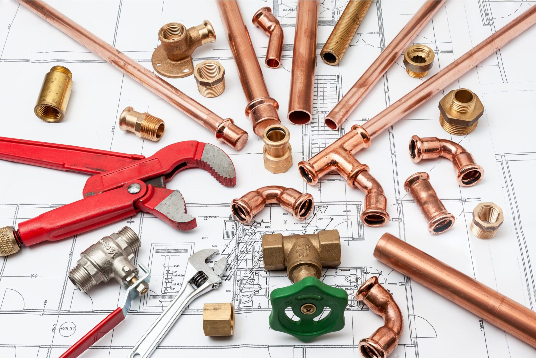 Copper pipes, fittings, valves, and plumbing tools in Tampa
