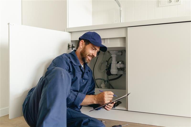 Residential plumber reviewing plumbing repairs in a Tampa kitchen