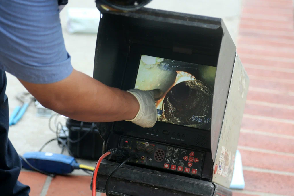 Technician viewing a drain inspection camera in Tampa